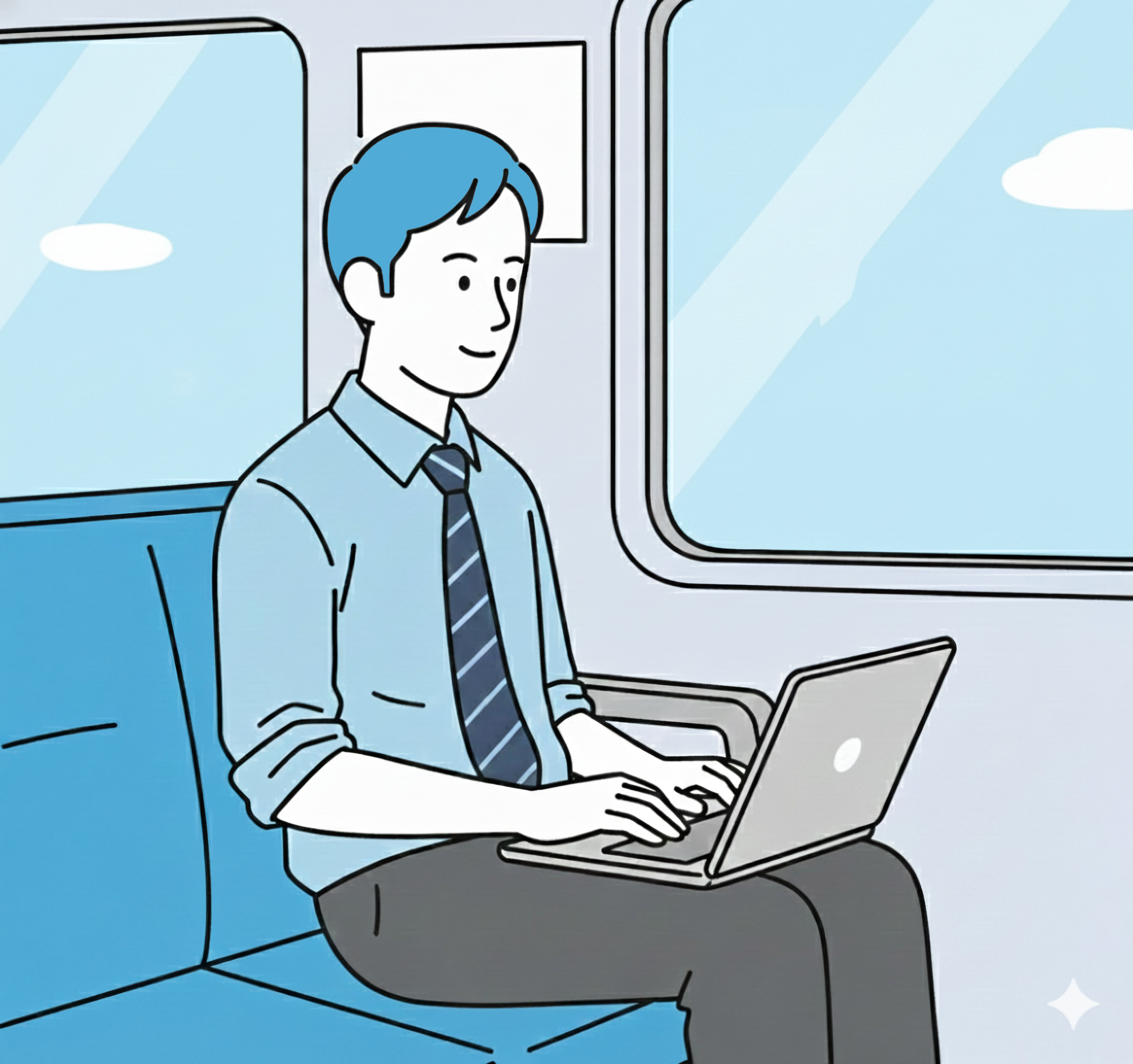 移動中にパソコンを触る男性